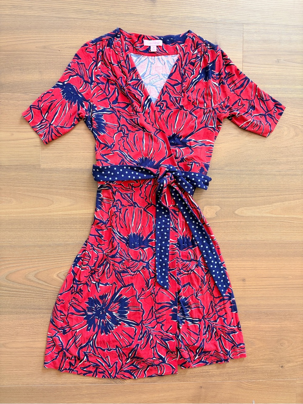 Lilly Pulitzer Red Floral Wrap Dress with Navy Polka Dot Belt